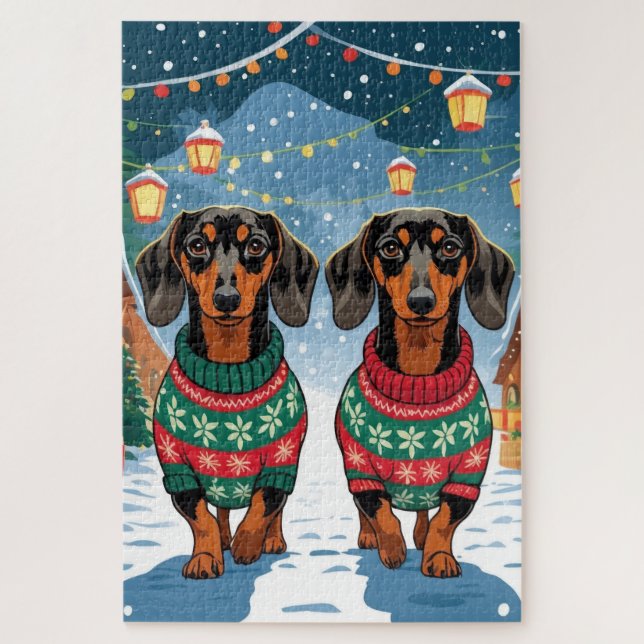 Dachshund Dogs Christmas Snow Holiday Jigsaw Puzzle (Vertical)