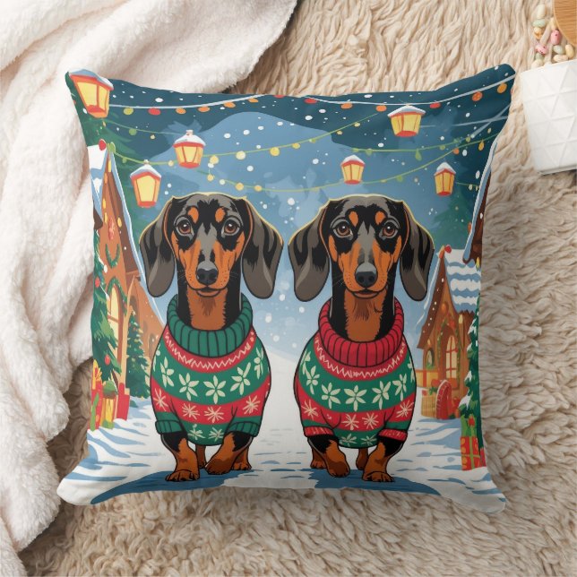 Dachshund Dogs Christmas Snow Holiday Throw Pillow (Blanket)