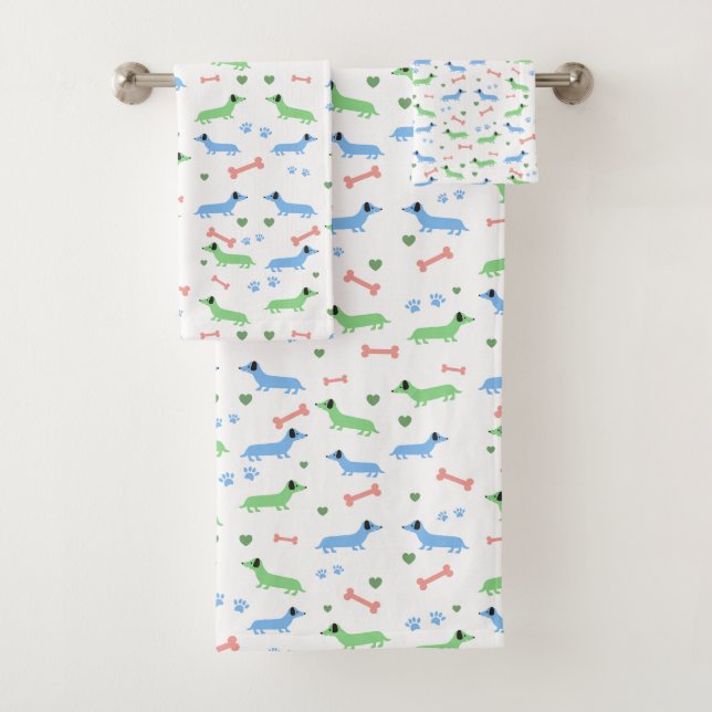 Dachshund Dogs Colourful Doxies Paws Green Bath Towel Set (Insitu)
