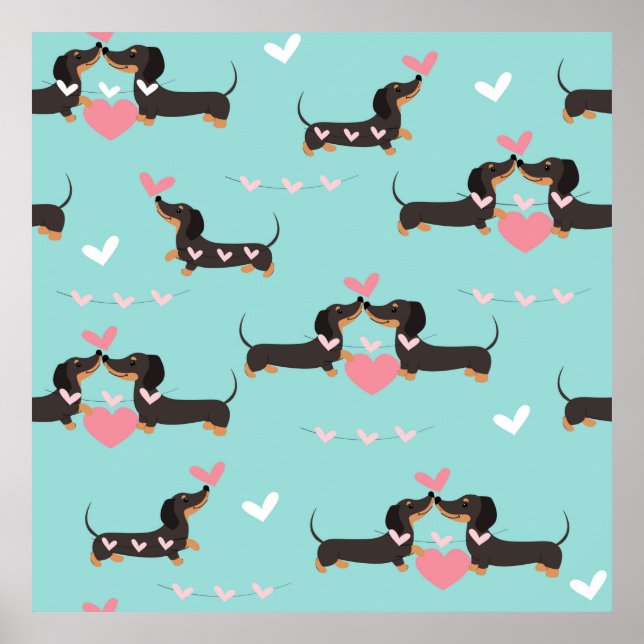 Dachshund dogs in love and hearts seamless pattern poster (Front)