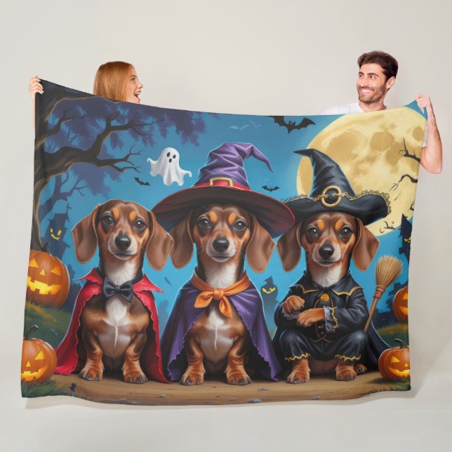 Dachshund Dogs Pumpkin Halloween Funny Fleece Blanket (In Situ)