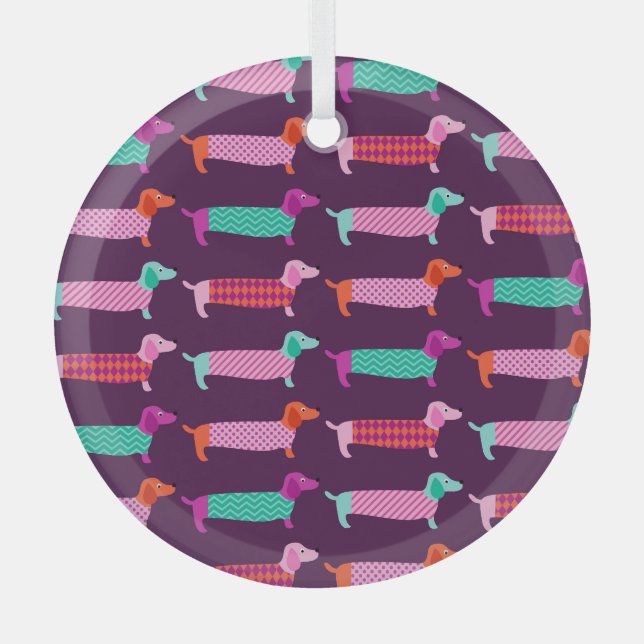 Dachshund Dogs: Seamless Cute Pattern. Glass Ornament (Front)