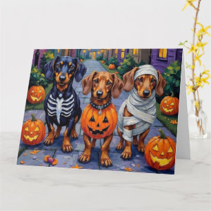 Dachshund Dogs Trick-or-Treating in Halloween Card