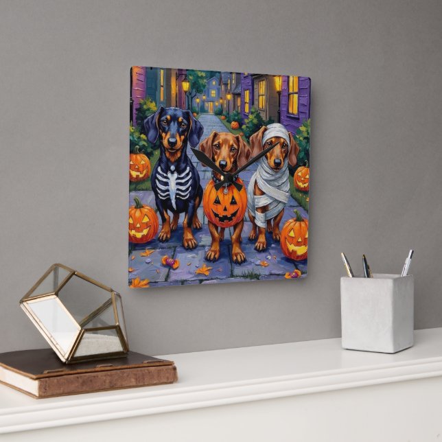Dachshund Dogs Trick-or-Treating in Halloween Square Wall Clock (Office)