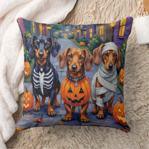 Dachshund Dogs Trick-or-Treating in Halloween Throw Pillow