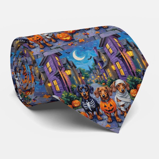 Dachshund Dogs Trick-or-Treating in Halloween Tie (Rolled)