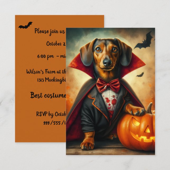 Dachshund Dracula Halloween Party Invitations (Front/Back)