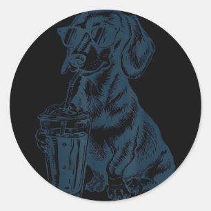 Dachshund drinking iced coffee cute dog meme funny classic round sticker