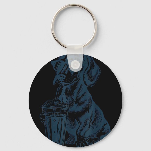 Dachshund drinking iced coffee cute dog meme funny keychain (Front)