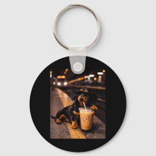 Dachshund Drinking Iced Coffee Funny Animal Meme Keychain