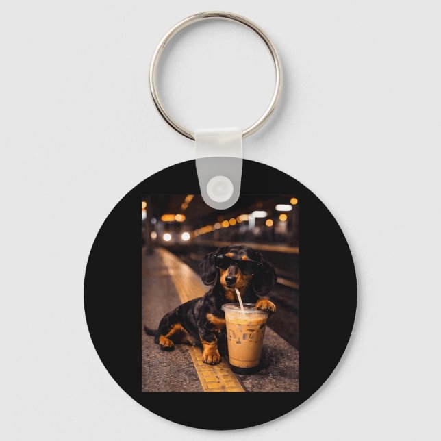 Dachshund Drinking Iced Coffee Funny Animal Meme Keychain (Front)
