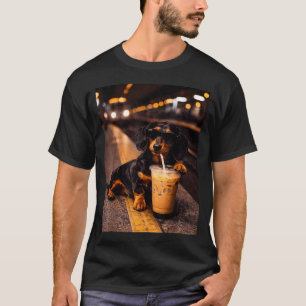 Dachshund Drinking Iced Coffee Funny Animal Meme T-Shirt