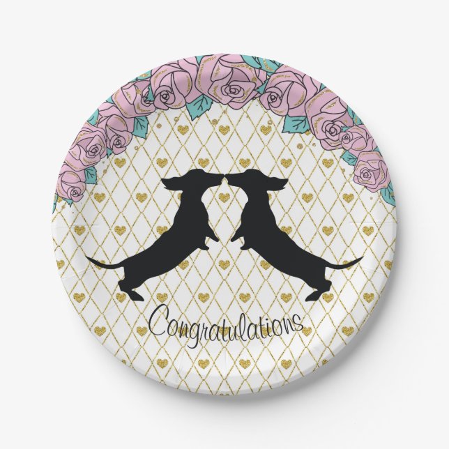 Dachshund Floral Hearts Engagement Paper Plates (Front)