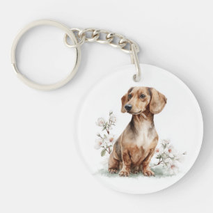 Dachshund Floral Watercolor Art Keychain