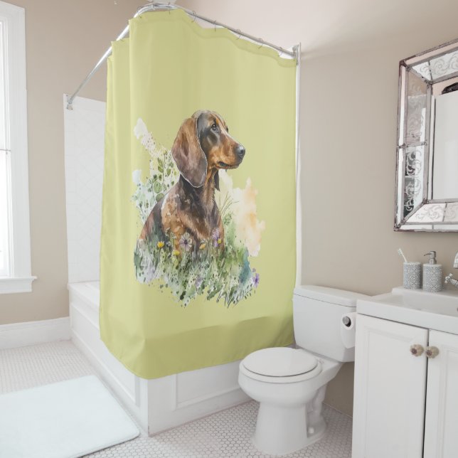 Dachshund Floral Watercolor Shower Curtain (In Situ)