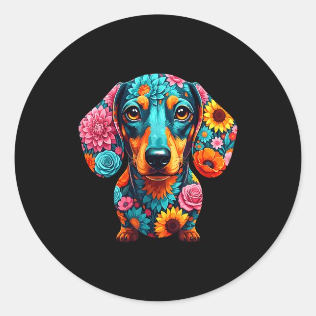Dachshund Flower Funny Dog  Classic Round Sticker (Front)