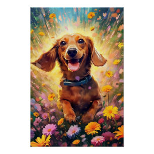 Dachshund Frolicking In A Field Of Colourful Flowe Poster