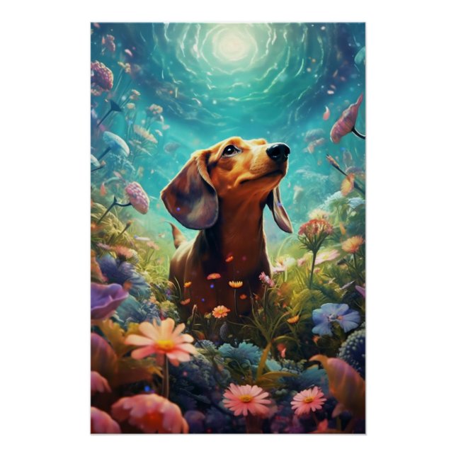Dachshund Frolicking In A Field Of Colourful Flowe Poster (Front)