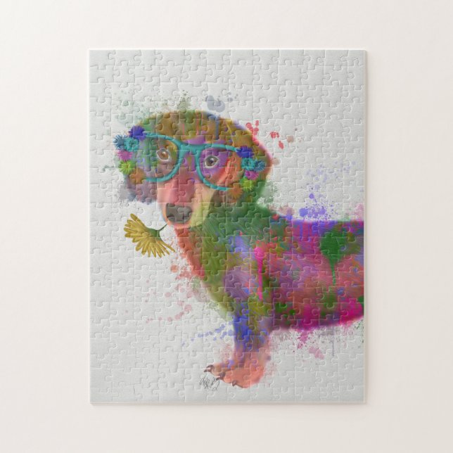 Dachshund & Glasses Rainbow Splash Jigsaw Puzzle (Vertical)