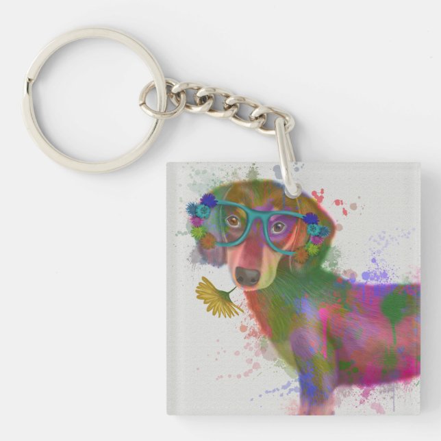 Dachshund & Glasses Rainbow Splash Keychain (Front)