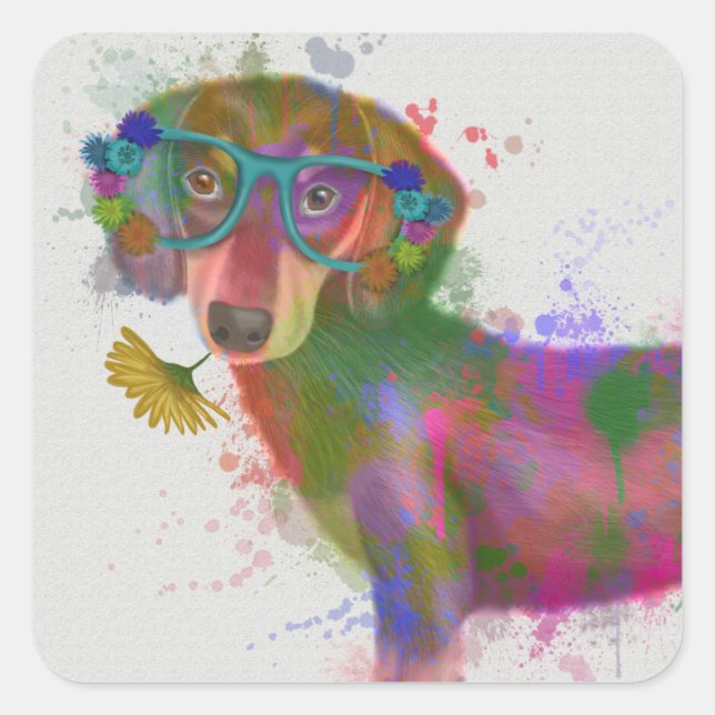 Dachshund & Glasses Rainbow Splash Square Sticker (Front)