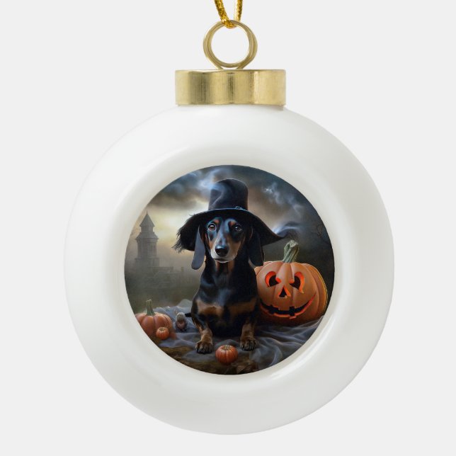 Dachshund Halloween Scary Ceramic Ball Christmas Ornament (Front)