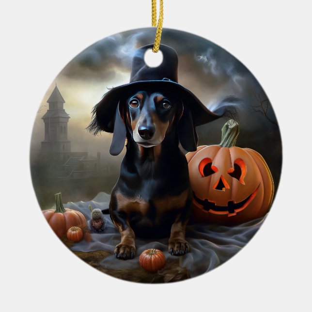 Dachshund Halloween Scary Ceramic Ornament (Front)
