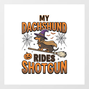 Dachshund Halloween Witch Broom Rides Shotgun Shir Window Cling