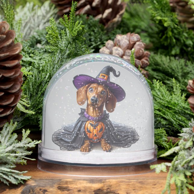 Dachshund Halloween Witch Snow Globe (Winter)