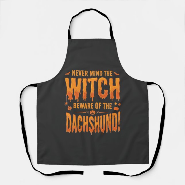 Dachshund Halloween Witch Warning Typography Vecto Apron (Front)