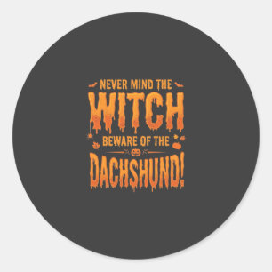 Dachshund Halloween Witch Warning Typography Vecto Classic Round Sticker