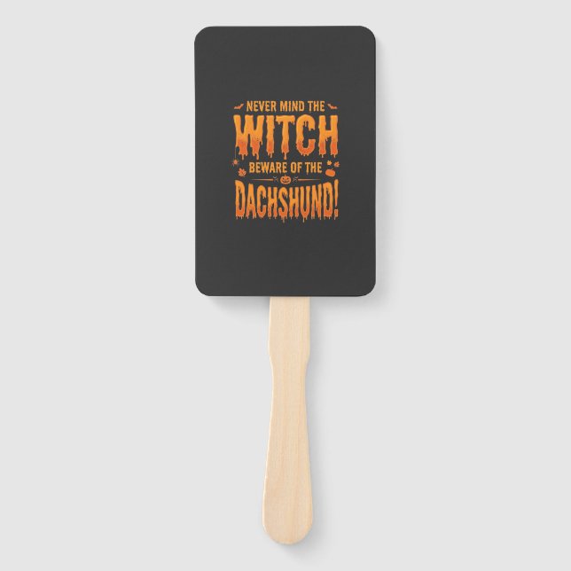 Dachshund Halloween Witch Warning Typography Vecto Hand Fan (Front)