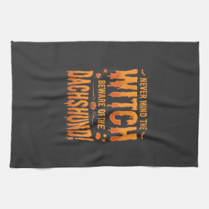 Dachshund Halloween Witch Warning Typography Vecto Kitchen Towel