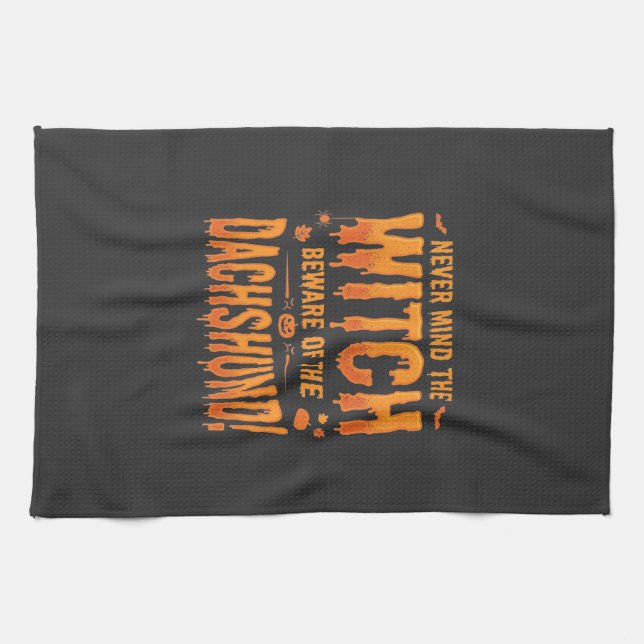 Dachshund Halloween Witch Warning Typography Vecto Kitchen Towel (Horizontal)