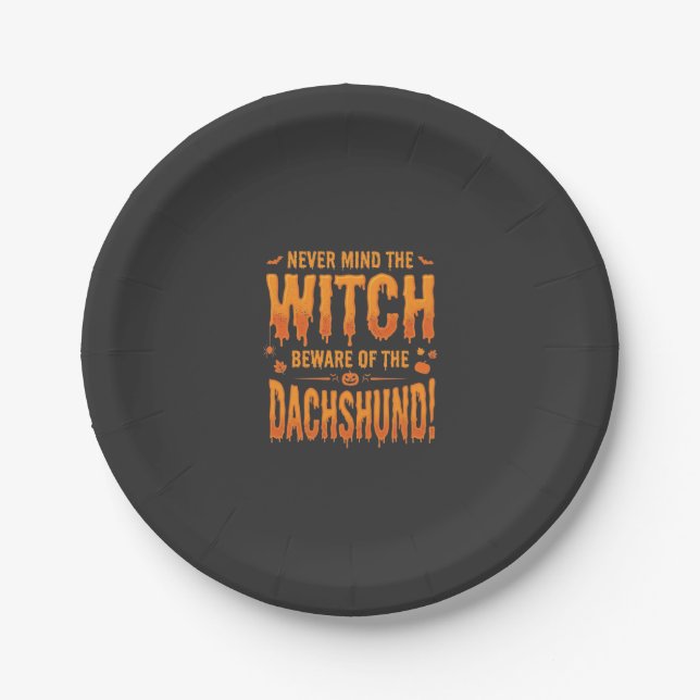 Dachshund Halloween Witch Warning Typography Vecto Paper Plate (Front)