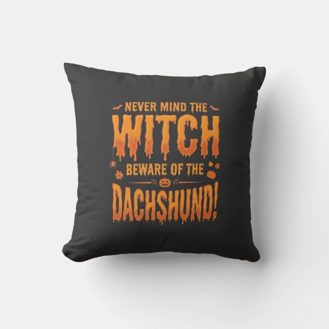Dachshund Halloween Witch Warning Typography Vecto Throw Pillow (Front)