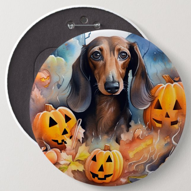 Dachshund Halloween With Pumpkins Scary 6 Inch Round Button (Front & Back)