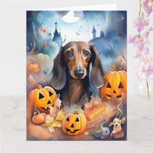 Dachshund Halloween With Pumpkins Scary Card