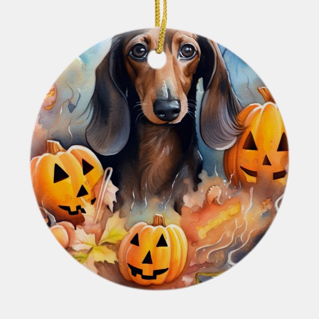 Dachshund Halloween With Pumpkins Scary Ceramic Ornament (Front)