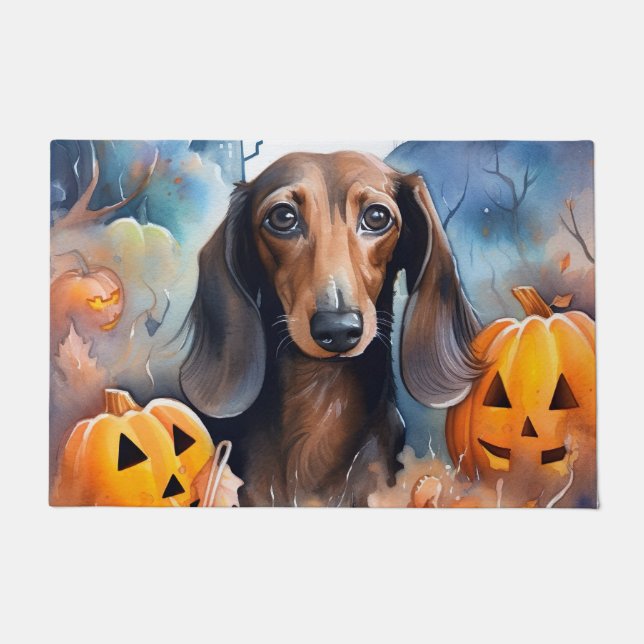 Dachshund Halloween With Pumpkins Scary Doormat (Front)