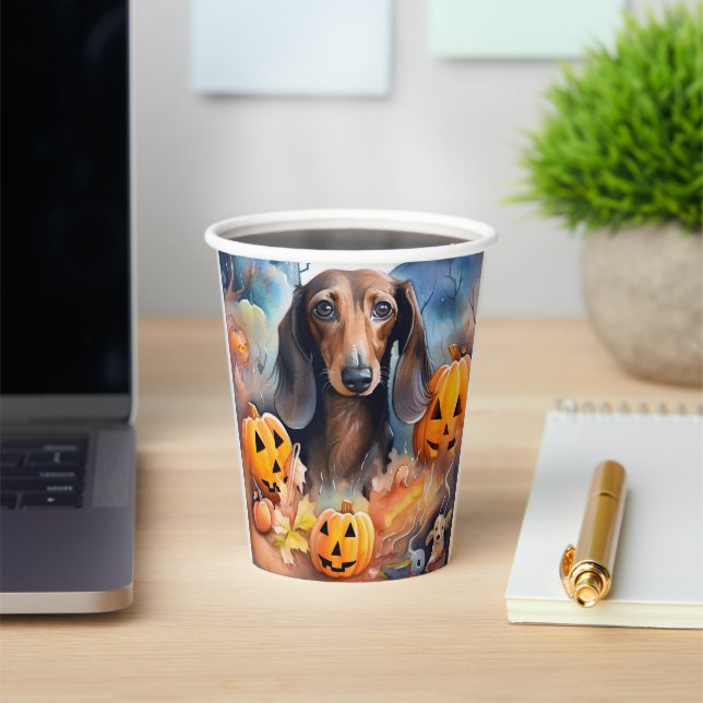 Dachshund Halloween With Pumpkins Scary Paper Cups (Insitu)