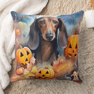 Dachshund Halloween With Pumpkins Scary Throw Pillow