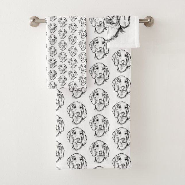 dachshund hand drawn sketch black white puppy dog  bath towel set (Insitu)