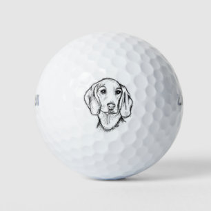 dachshund hand drawn sketch black white puppy dog  golf balls