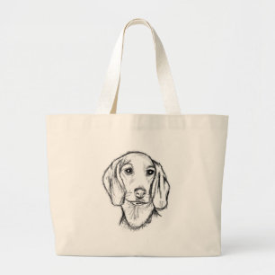 dachshund hand drawn sketch black white puppy dog large tote bag