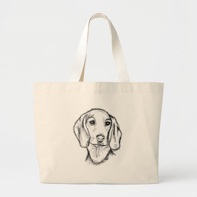 dachshund hand drawn sketch black white puppy dog  large tote bag (Front)