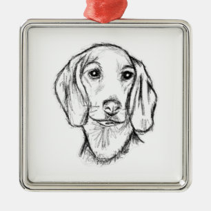 dachshund hand drawn sketch black white puppy dog metal ornament