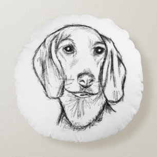dachshund hand drawn sketch black white puppy dog round pillow