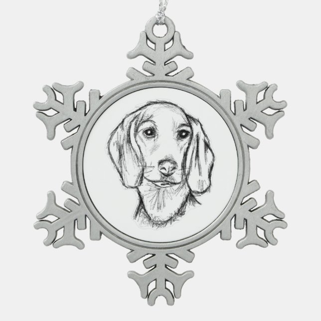 dachshund hand drawn sketch black white puppy dog  snowflake pewter christmas ornament (Front)