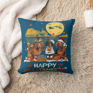 Dachshund Happy Hallothanksmas Halloween Thanksgiv Throw Pillow